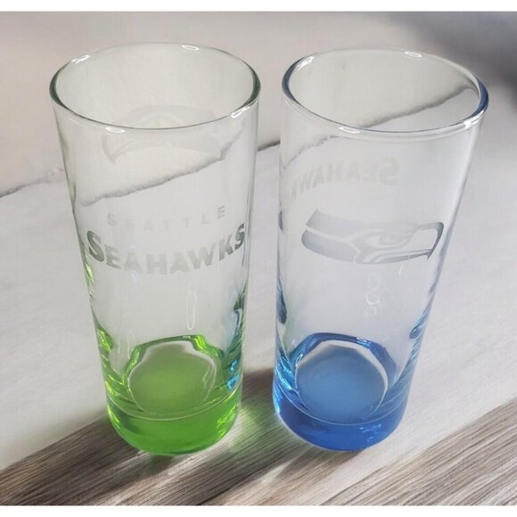 Seattle Seahawks Glasses Set Of 2 Highball Collins 6 In Logo Etched Blue Green - Picture 1 of 10